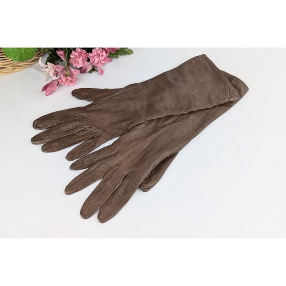 Vintage 1960s Roger Fare Brown Kid Leather Gloves Sz 8 Silk-Lined Driving Gloves - Picture 2 of 10